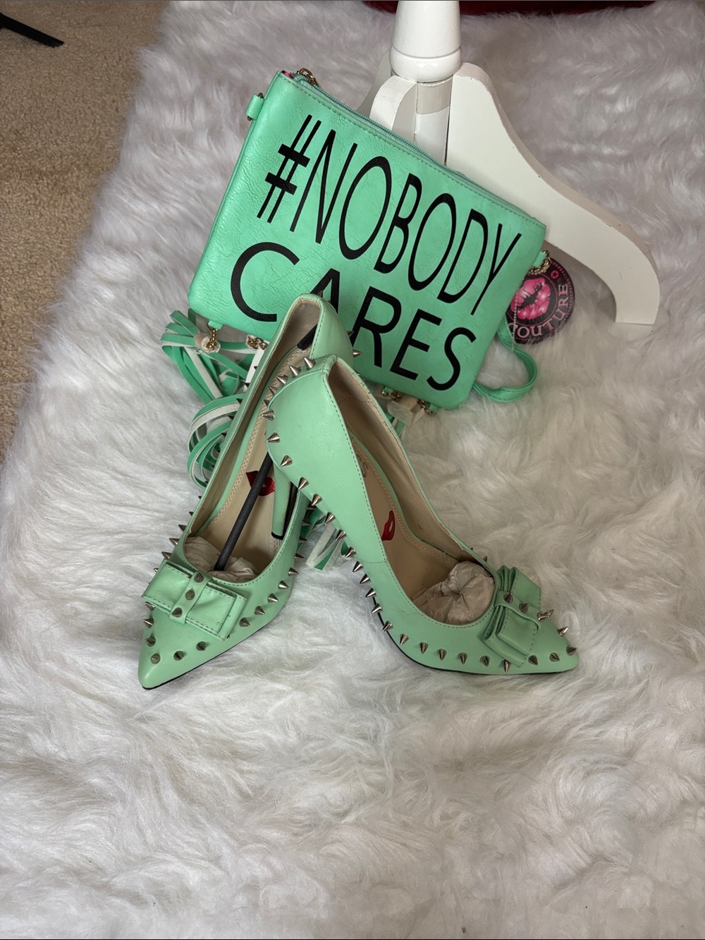 Kiss Mint Green Studded Pointed-Toe Heels with Bow Accent